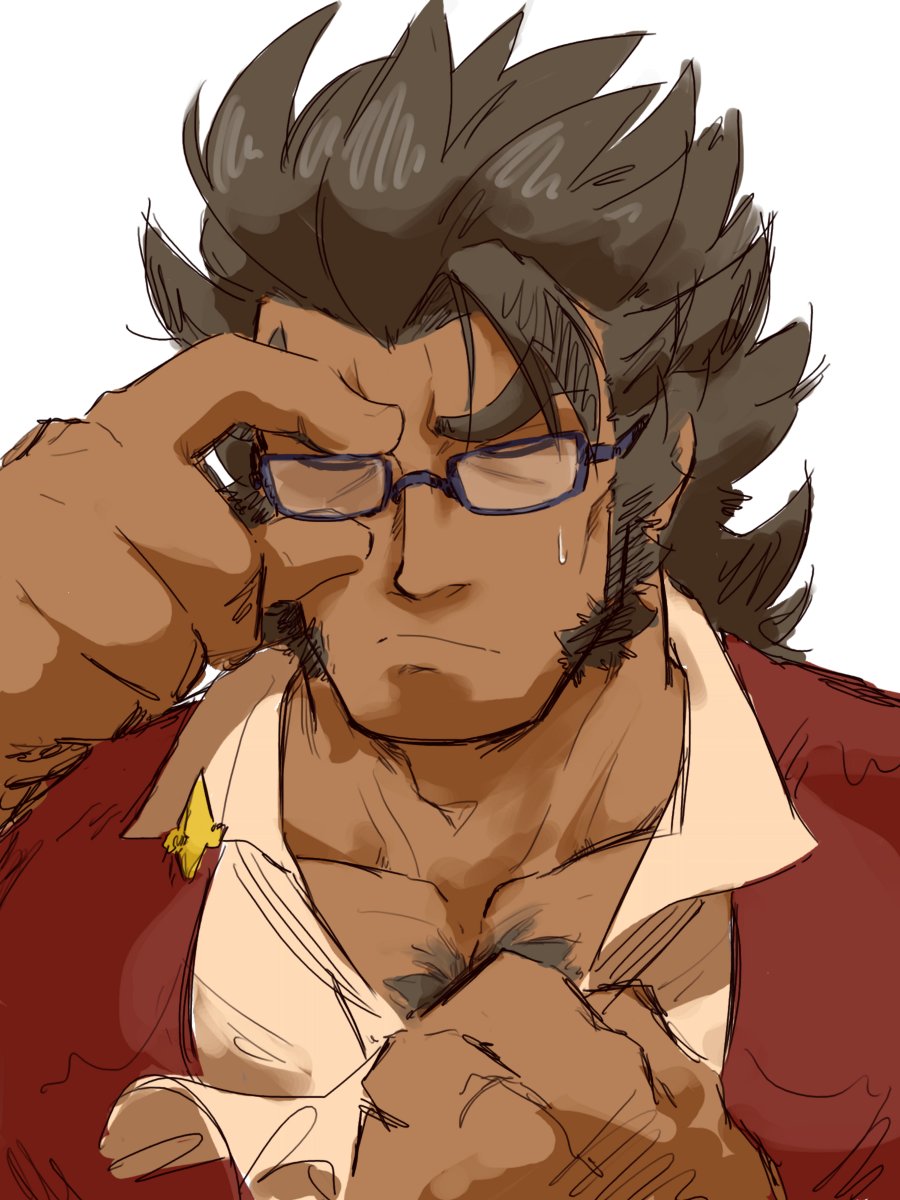 1boy, adjusting_eyewear, bara, bespectacled, chest_hair_peek, closed_eyes, clothes_pull, dark-skinned_male