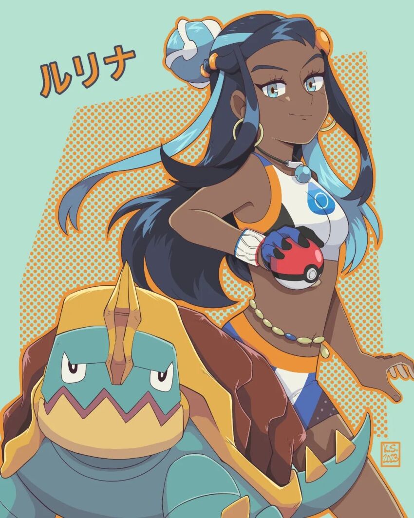 1girl, bare_shoulders, black_hair, blue_eyes, blue_hair, breasts, crop_top, dark-skinned_female