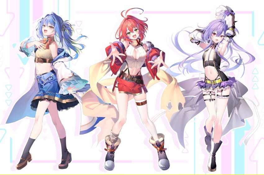 3girls, ahoge, akane_canna, akane_canna_(1st_costume), antenna_hair, armor, armpits, arms_behind_head