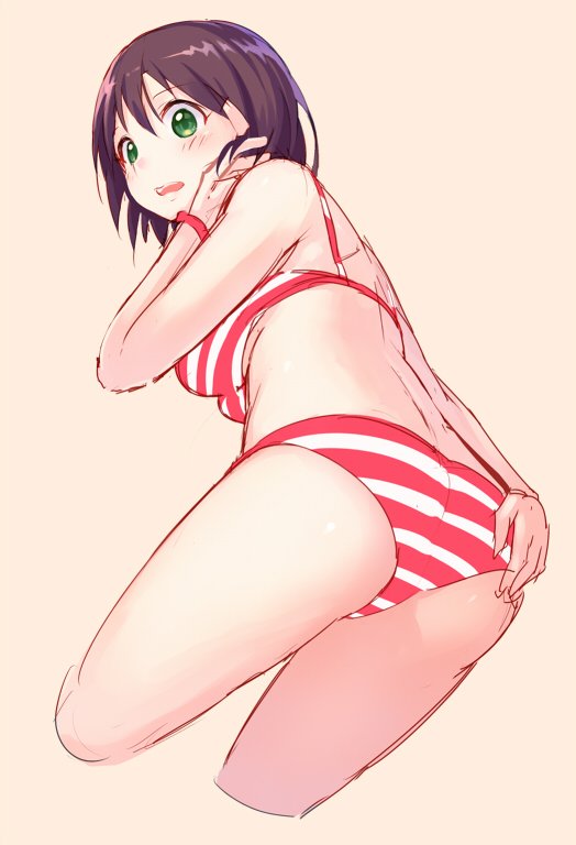 1girl, ass, back, bikini, blush, breasts, brown_hair, cropped_legs