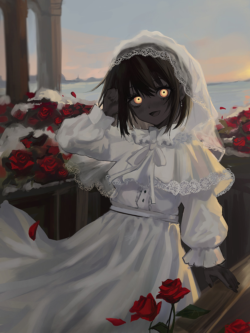 1girl, absurdres, akai_ringo_(eveyuno), black_hair, black_skin, blouse, capelet, colored_skin