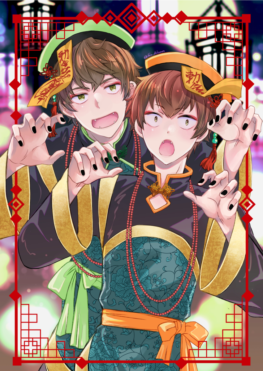 2boys, artist_name, bead_necklace, beads, black_nails, blurry, blurry_background, brown_eyes