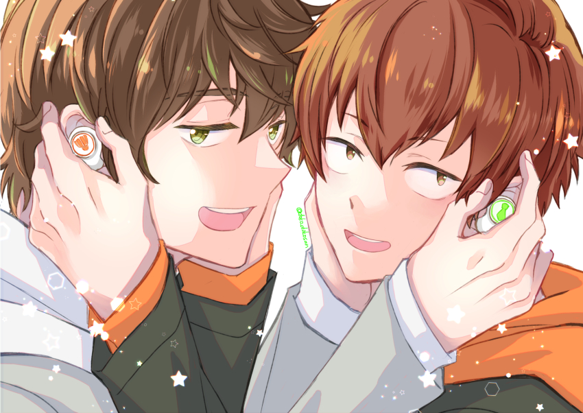 2boys, :d, artist_name, brown_eyes, brown_hair, doko_dokosan, earbuds, earphones, green_eyes, hair_between_eyes, hands_on_another's_head, highres, hood, hood_down, long_sleeves, looking_at_viewer, male_focus, multiple_boys, open_mouth, ryman's_club, saeki_touya, short_hair, smile, takeda_kouki, upper_body, yaoi