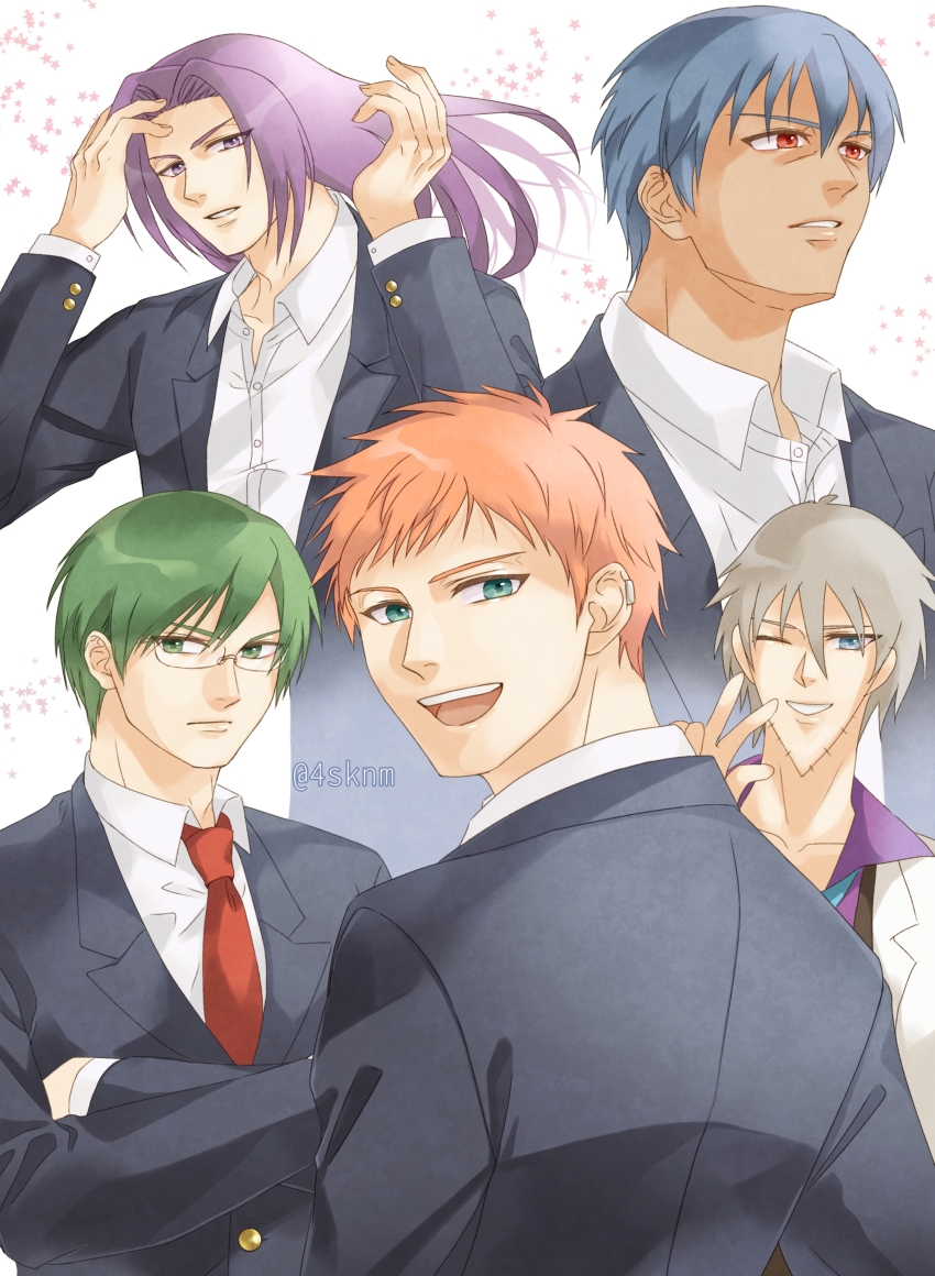 5boys, :d, absurdres, artist_name, black_jacket, blazer, blue_eyes, blue_hair, comically_sharp_chin, earclip, facial_hair, gakuen_handsome, glasses, green_eyes, grey_hair, highres, hot_yaoi_base_(meme), jacket, kagami_renji, long_hair, long_sleeves, looking_at_viewer, male_focus, meme, mitsurugi_sakuya_(gakuen_handsome), multiple_boys, necktie, o9mtr, one_eye_closed, open_mouth, pointy_chin, purple_eyes, purple_hair, red_eyes, red_necktie, saotome_takuya, shiga_shingo, short_hair, smile, stubble, teruhiko_saionji, white_background