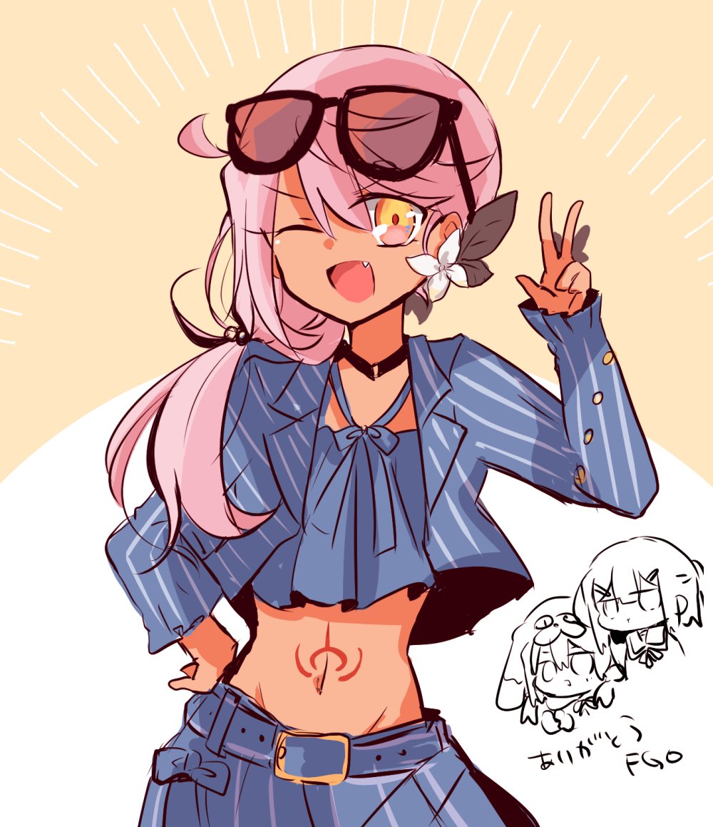 3girls, belt, chloe_von_einzbern, chloe_von_einzbern_(swimsuit_avenger)_(first_ascension), dark-skinned_female, dark_skin, eyewear_on_head, fang