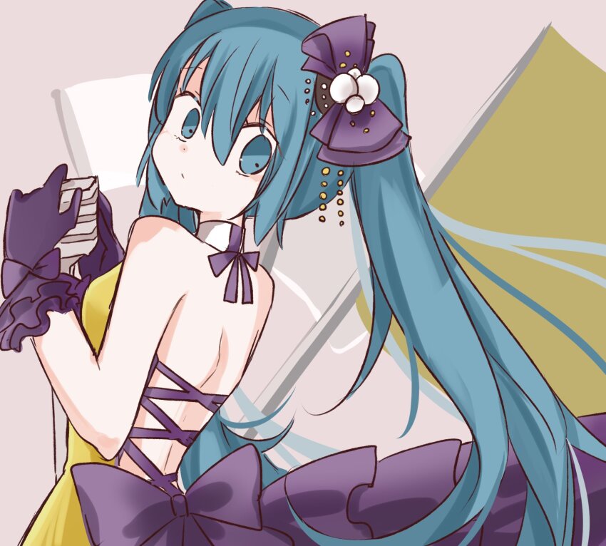 1girl, backless_dress, backless_outfit, beads, blue_eyes, blue_hair, bow, commentary