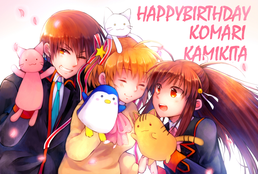 1boy, 2019, 2girls, ^_^, ahoge, ahoges_touching, bell, black_jacket