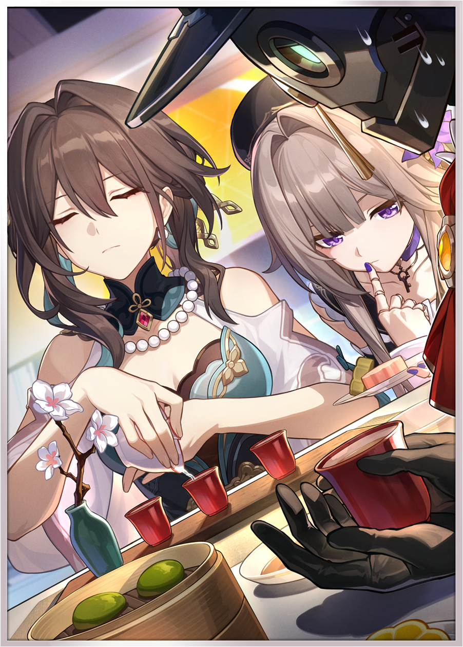 1boy, 2girls, black_gloves, brown_hair, closed_eyes, closed_mouth, collar, flower