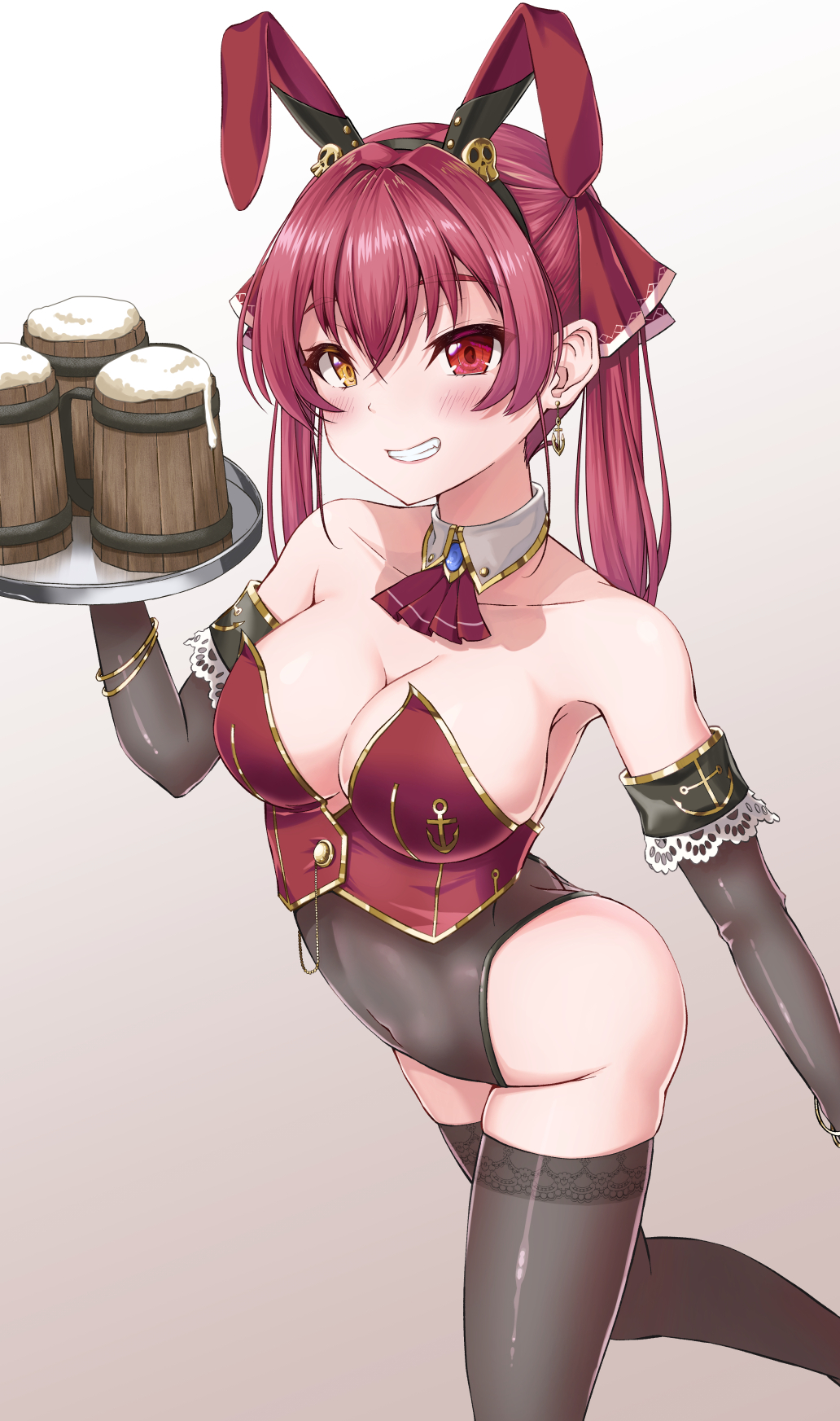 1girl, alternate_costume, animal_ears, ascot, bare_shoulders, beer_mug, black_thighhighs, blush, breasts, covered_navel, cropped_vest, cup, detached_collar, earrings, elbow_gloves, fake_animal_ears, foam, gloves, gold_trim, grin, hairband, heterochromia, highres, holding, holding_tray, hololive, houshou_marine, jewelry, large_breasts, long_hair, mug, playboy_bunny, rabbit_ears, red_ascot, red_eyes, red_hair, smile, solo, teeth, thighhighs, tray, twintails, ver.5, vest, virtual_youtuber, wooden_cup, yellow_eyes
