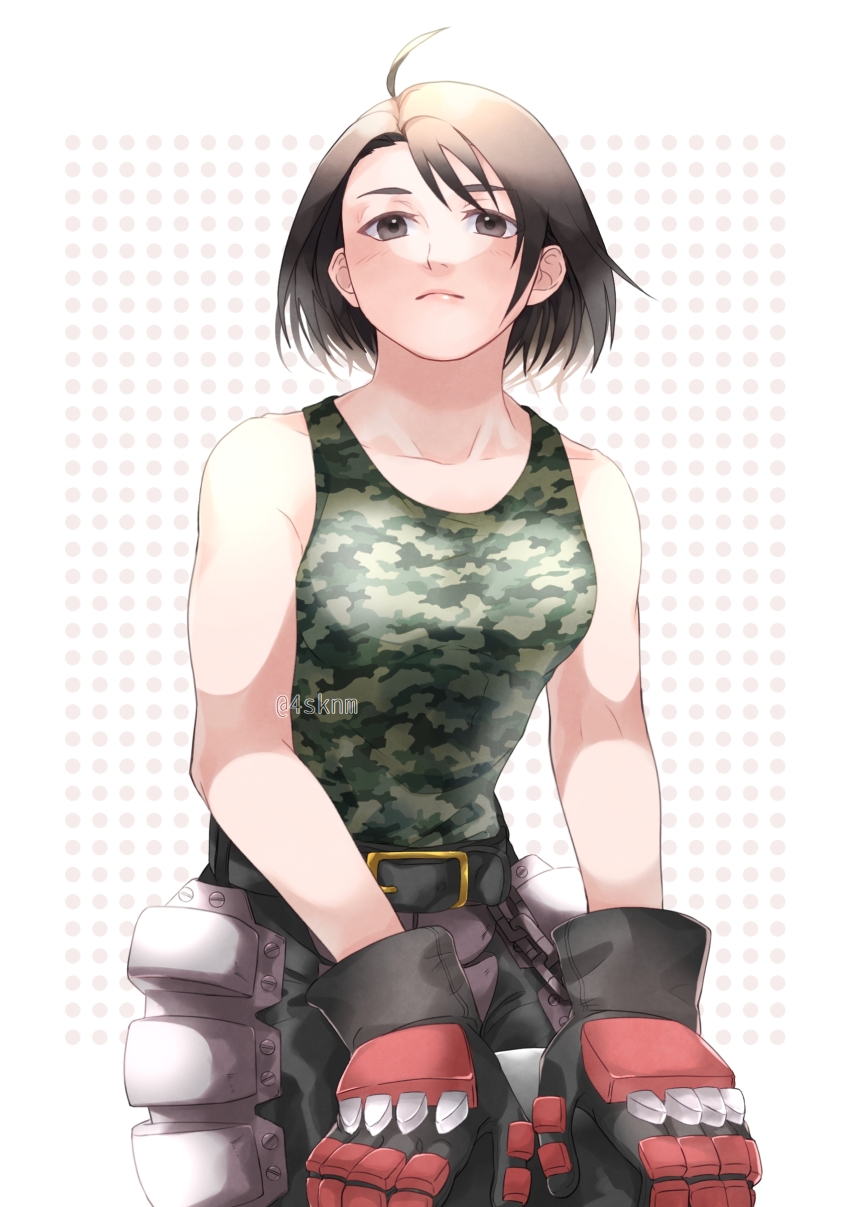 1girl, absurdres, ahoge, belt, brown_eyes, brown_hair, camouflage, camouflage_shirt, capcom, gauntlets, highres, justice_gakuen, kazama_akira, looking_at_viewer, o9mtr, shirt, short_hair, simple_background, sleeveless, solo, standing, street_fighter, street_fighter_v, white_background