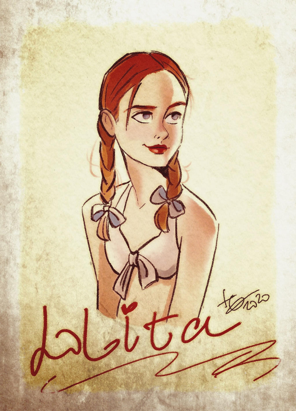 1girl, bikini, blue_eyes, blue_ribbon, braid, brown_hair, closed_mouth, dolores_haze_(nabokov's_lolita)