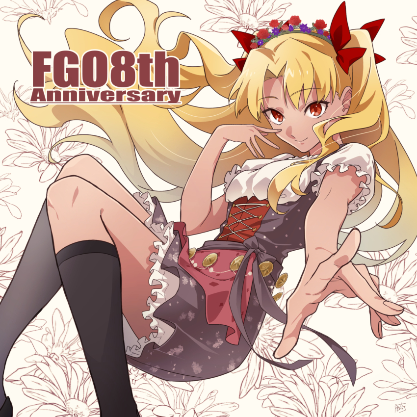 1girl, black_socks, blonde_hair, commentary_request, dress, ereshkigal_(fate), ereshkigal_alter_(event_portrait)_(fate), ereshkigal_alter_(fate)