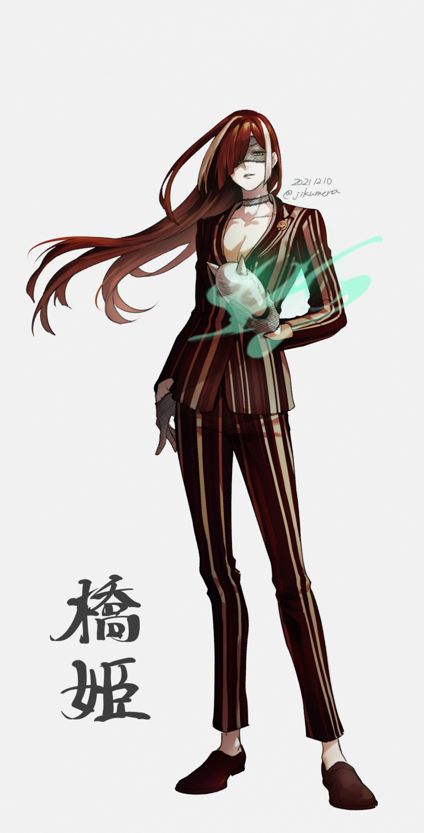 1girl, absurdres, ayashimon, breasts, brown_footwear, brown_hair, cleavage, collarbone