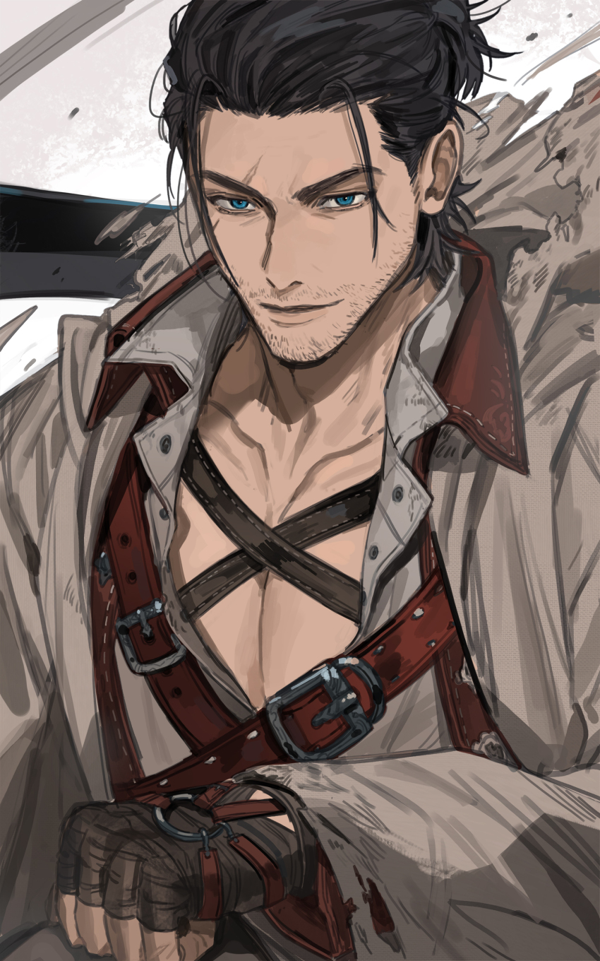 1boy, absurdres, adventurer_(ff14), adventurer_(trailer_7)_(ff14), bara, black_hair, blue_eyes, facial_hair, final_fantasy, gloves, highres, hyur, long_hair, male_focus, mature_male, muscular, muscular_male, mustache_stubble, pectoral_cleavage, pectorals, scar, shirt, smile, stubble, warrior_of_light_(ff14), weapon, white_shirt, yulim0