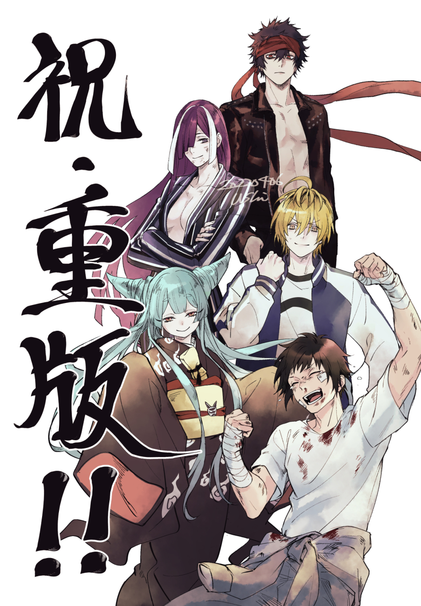 2girls, 3boys, ahoge, arms_up, ayashimon, black_hair, black_jacket, black_kimono, blonde_hair, blood, blood_on_clothes, breasts, clenched_hand, closed_eyes, crossed_arms, green_hair, hashihime_(ayashimon), headband, highres, horns, jacket, japanese_clothes, kaido_maruo, kimono, kotton_(ayashimon), leather, leather_jacket, long_hair, looking_at_viewer, medium_breasts, multicolored_hair, multiple_boys, multiple_girls, obi, open_clothes, open_jacket, red_headband, sash, shirt, streaked_hair, t-shirt, ten_(ayashimon), urara_(ayashimon), ushi_424, very_long_hair, white_background, white_jacket, white_shirt