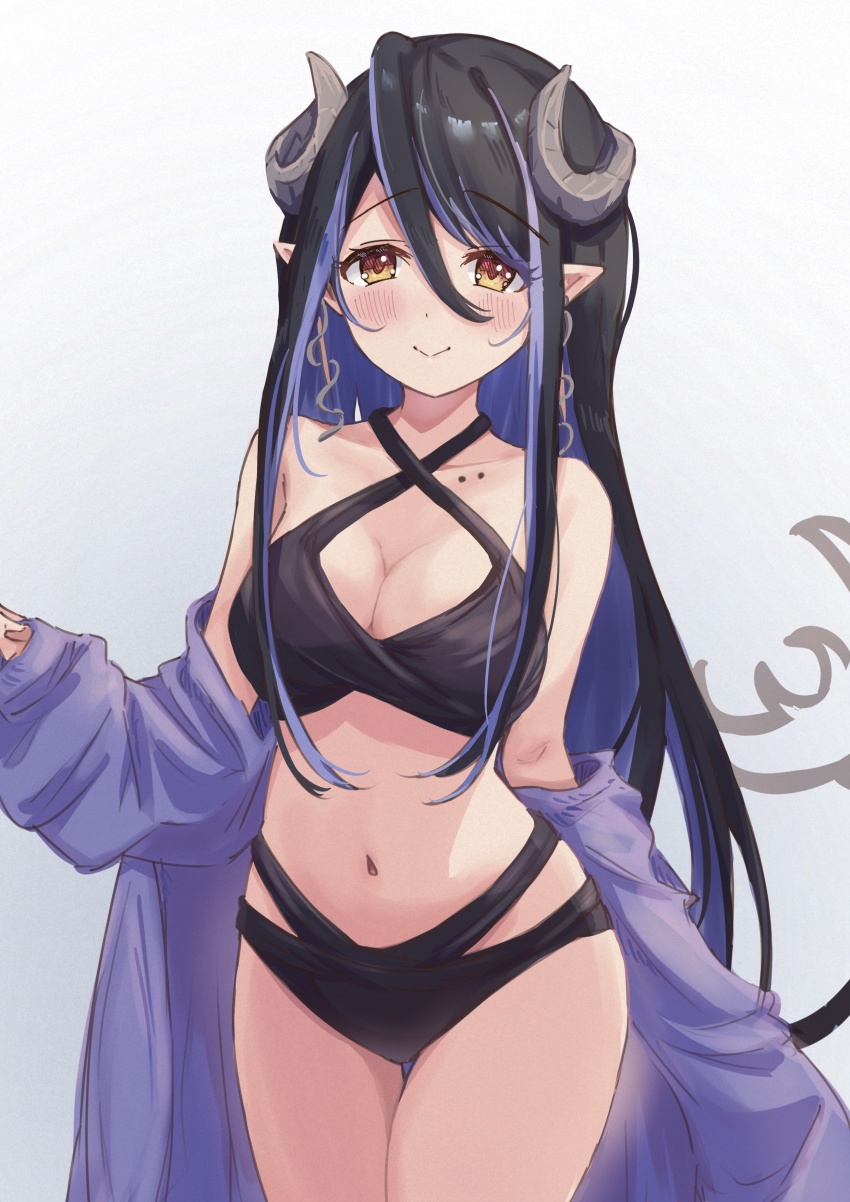 1girl, absurdres, alternate_costume, bikini, black_bikini, black_hair, blue_hair, blush