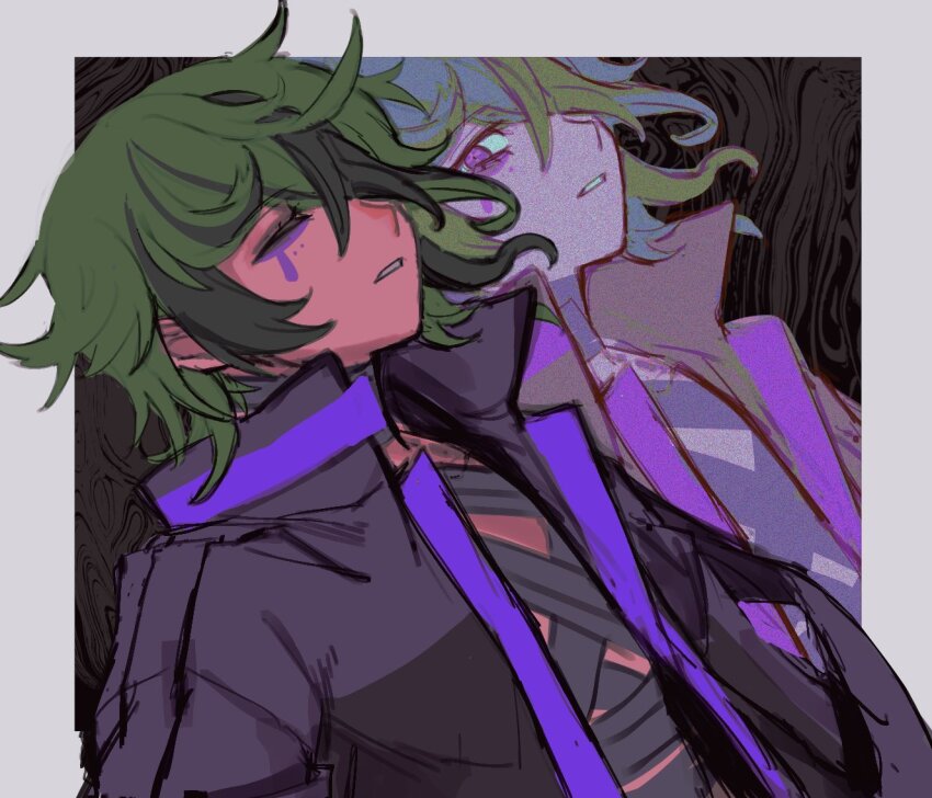 1boy, bandaged_chest, black_jacket, border, closed_eyes, dual_persona, eyeliner, green_hair
