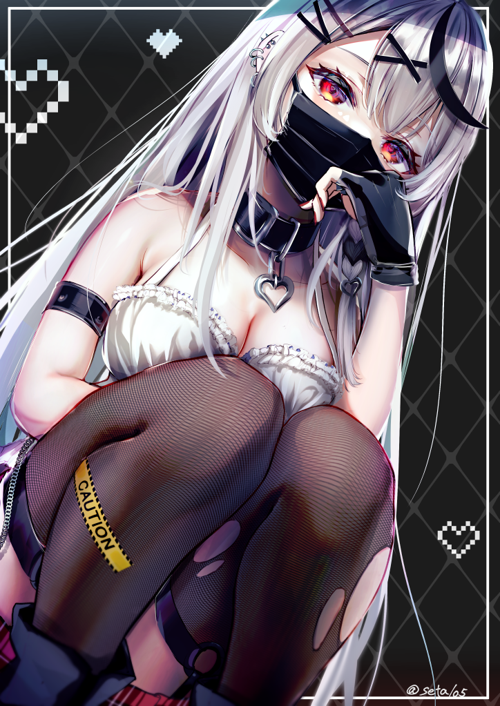 1girl, animal_collar, arm_strap, bare_shoulders, black_collar, black_gloves, black_hair, black_mask