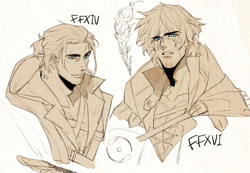 2boys, a_0878, adventurer_(ff14), bara, beard_stubble, chest_harness, clive_rosfield, cropped_torso, facial_hair, final_fantasy, final_fantasy_xiv, final_fantasy_xvi, harness, light_smile, looking_at_another, male_focus, mature_male, medium_hair, meteor_(trailer_7)_(ff14), monochrome, multiple_boys, mustache_stubble, parted_lips, pectoral_cleavage, pectorals, scar, scar_across_eye, scar_on_face, stubble, thick_eyebrows, warrior_of_light_(ff14), white_background