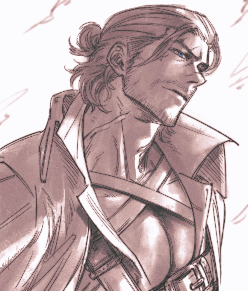 1boy, adventurer_(ff14), bara, beard_stubble, blue_eyes, caloserrr, chest_harness, facial_hair