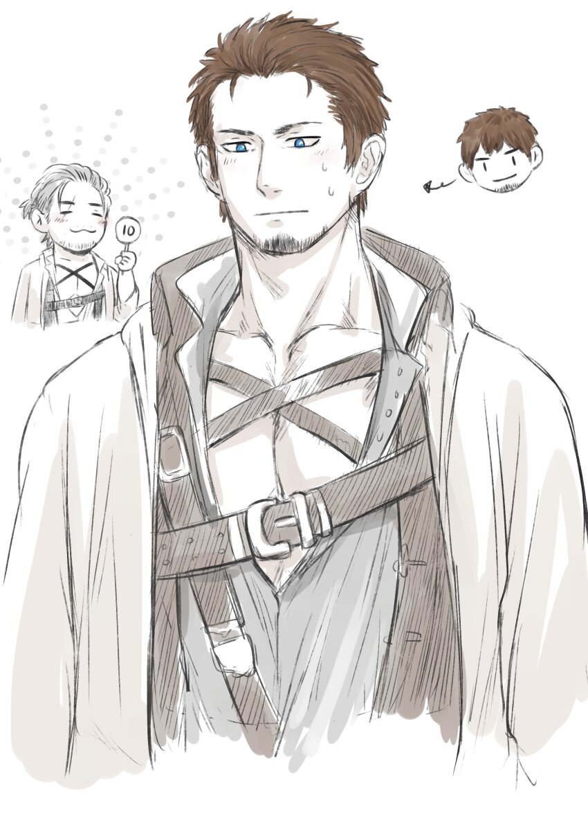 2boys, =_=, absurdres, adventurer_(ff14), ardbert_hylfyst, bara, beard_stubble, blush