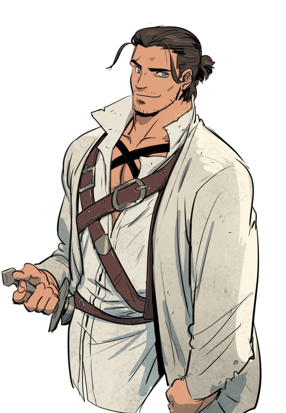 1boy, adventurer_(ff14), bara, beard_stubble, chest_belt, chest_harness, cropped_legs, facial_hair