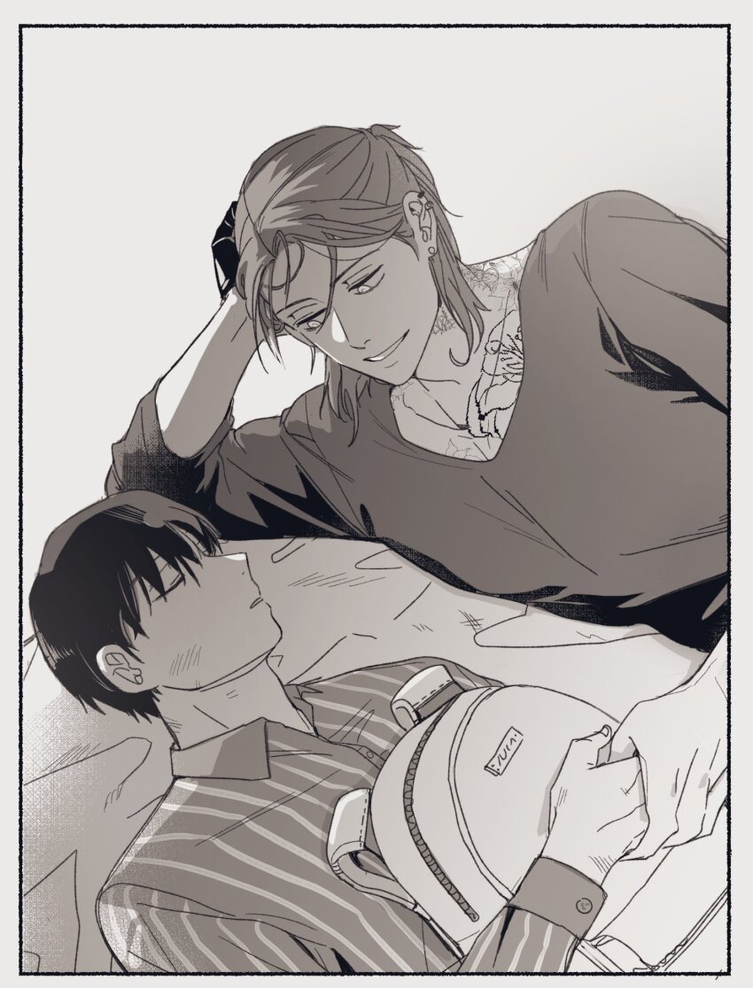 2boys, backpack, bag, closed_eyes, collared_shirt, commentary_request, ear_piercing, eoduun_badaui_deungbul-i_doeeo