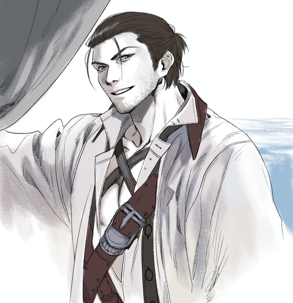 1boy, adventurer_(ff14), beard_stubble, chest_harness, facial_hair, final_fantasy, final_fantasy_xiv, from_side