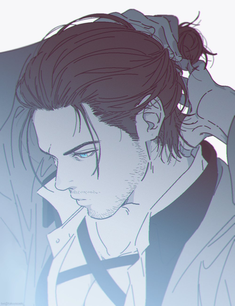 1boy, adventurer_(ff14), bara, beard_stubble, blue_eyes, chest_harness, facial_hair, final_fantasy