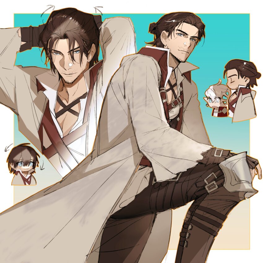 1boy, 1girl, adventurer_(ff14), alisaie_leveilleur, arrow_(symbol), beard_stubble, chest_harness, chibi