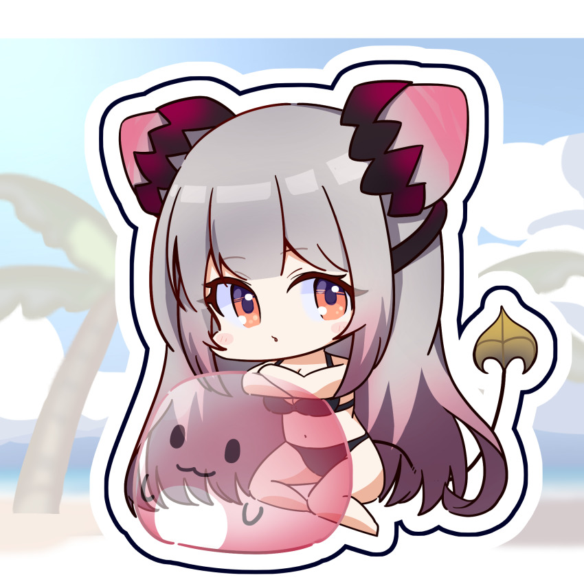 1girl, :3, beach, bikini, black_bikini, blue_sky, blush, breasts