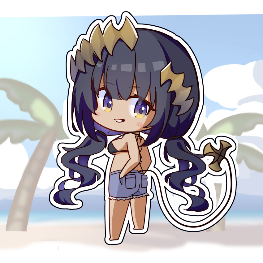 1girl, beach, bikini, bikini_top_only, black_bikini, black_hair, blue_shorts, blue_sky, blush, chibi, cloud, commentary_request, dark-skinned_female, dark_skin, demon_girl, demon_tail, full_body, grin, highres, long_hair, looking_at_viewer, looking_back, low_twintails, mariooo, nanashi_inc., ocean, outdoors, outline, palm_tree, purple_eyes, shimamura_charlotte, short_shorts, shorts, sky, smile, solo, swimsuit, tail, tree, twintails, virtual_youtuber, white_outline