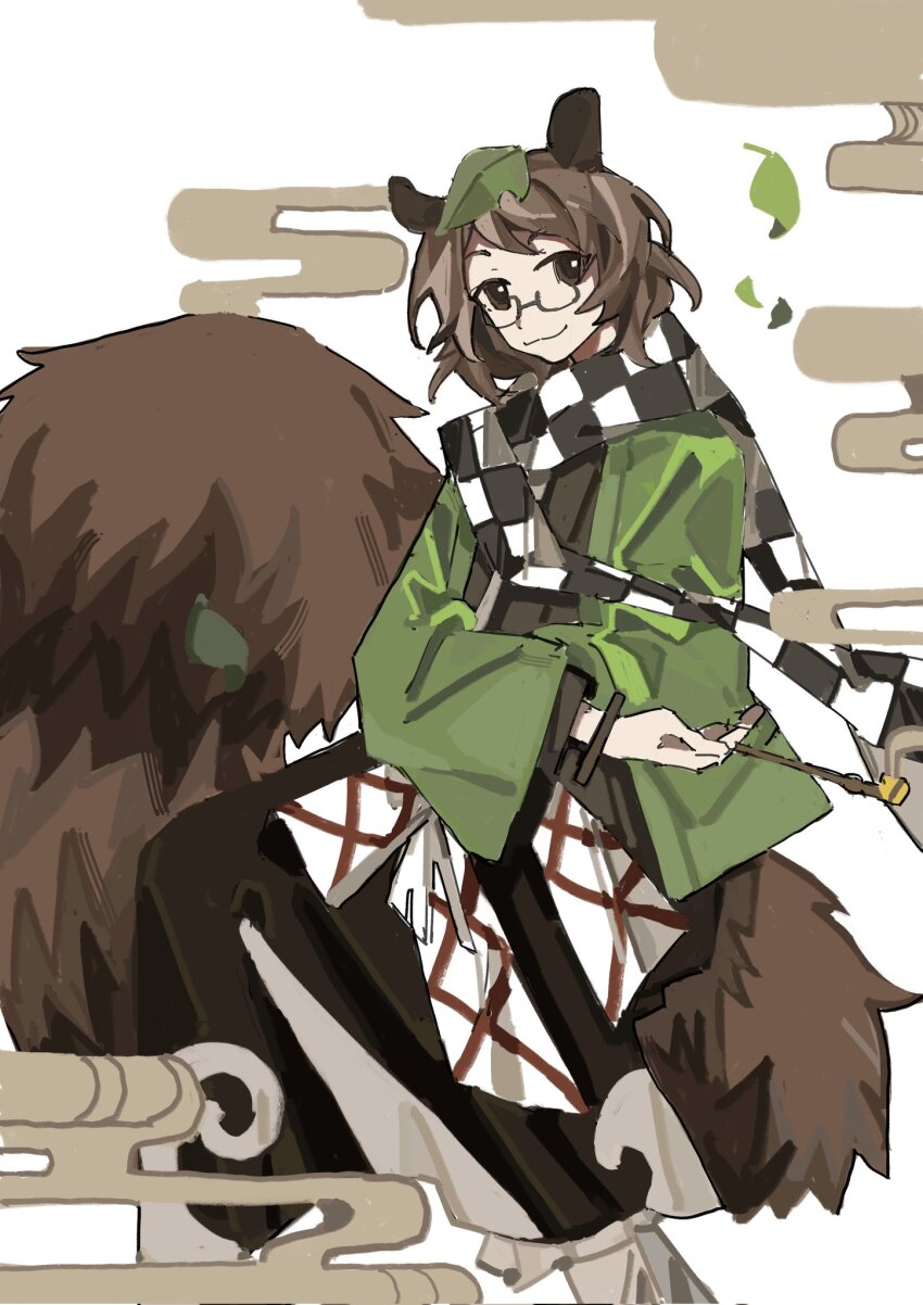 1girl, aaayamitsu, animal_ears, black_kimono, brown_eyes, brown_hair, checkered_clothes, checkered_scarf, futatsuiwa_mamizou, glasses, hair_ornament, haori, highres, holding, holding_smoking_pipe, japanese_clothes, kimono, kiseru, leaf, leaf_hair_ornament, leaf_on_head, pince-nez, raccoon_ears, raccoon_girl, raccoon_tail, scarf, smile, smoke, smoking, smoking_pipe, tail, tanuki, touhou, white_background