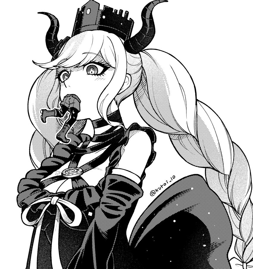 1boy, 1girl, blush, boots, braid, breasts, cleavage, commentary_request, criss-cross_halter, crown, detached_sleeves, dress, greyscale, hair_ornament, halterneck, highres, horns, kuroi_10, large_breasts, long_hair, looking_at_another, master_detective_archives:_rain_code, mini_person, miniboy, monochrome, mouth_hold, ribbon, shinigami_(rain_code), shorts, simple_background, twin_braids, twitter_username, upper_body, white_background, yuma_kokohead