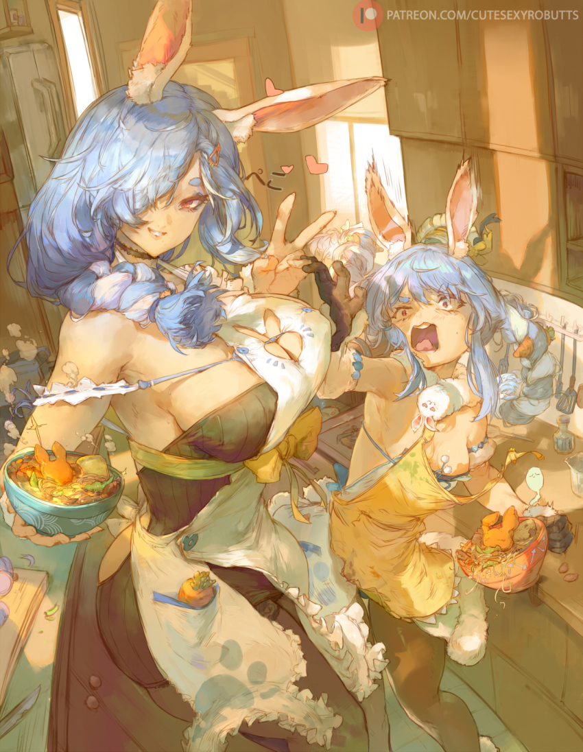 2girls, animal_ears, apron, bare_shoulders, black_dress, blue_hair, bowl, braid, breasts, brown_pantyhose, carrot_hair_ornament, cleavage, cleavage_cutout, clothing_cutout, cutesexyrobutts, dress, female_focus, food, food-themed_hair_ornament, fur_scarf, gloves, grin, hair_ornament, highres, hololive, large_breasts, light_blue_hair, long_hair, looking_at_viewer, mature_female, medium_breasts, mother_and_child, mother_and_daughter, multiple_girls, open_mouth, pantyhose, parent_and_child, patreon_logo, patreon_username, pekomama, rabbit_cutout, rabbit_ears, rabbit_girl, red_eyes, short_eyebrows, smile, twin_braids, usada_pekora, usada_pekora_(1st_costume), v, virtual_youtuber, watermark, web_address, white_apron, white_dress, white_hair, yellow_apron