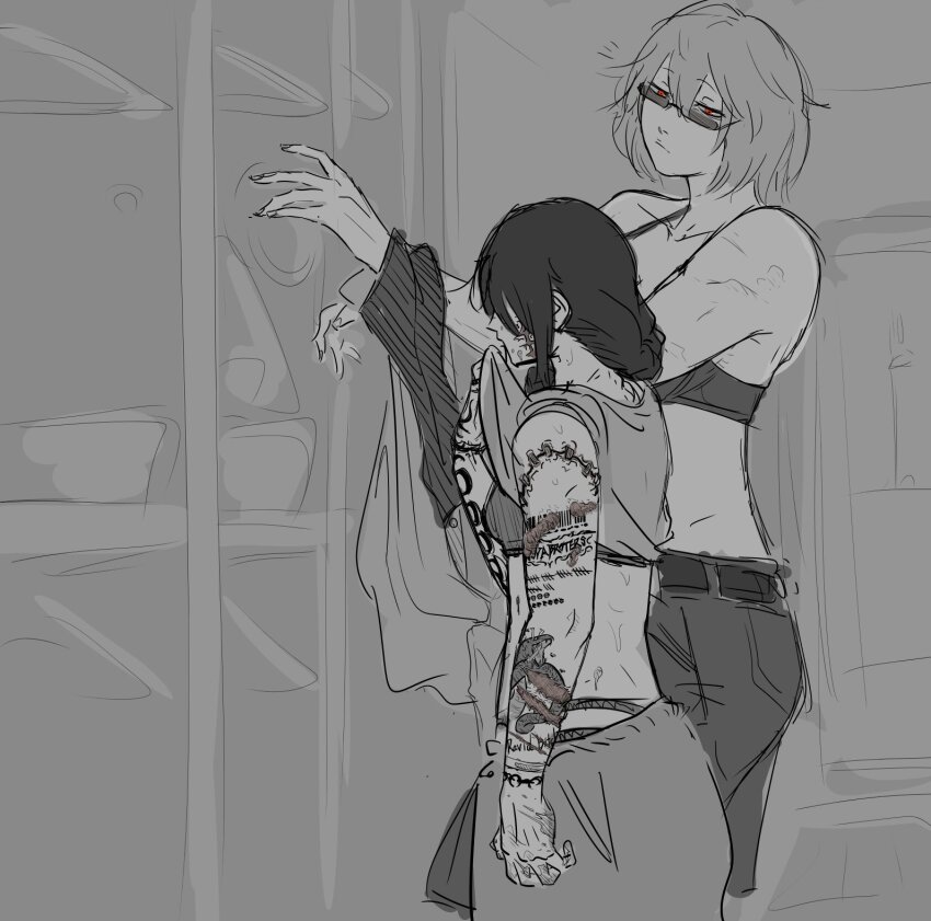 2girls, arm_tattoo, black_hair, breasts, girls'_frontline, glasses, grey_background, height_difference, highres, locker, locker_room, mac-10_(girls'_frontline), medium_breasts, midriff, multiple_girls, multiple_scars, red_eyes, scar, shishitou_(tougarashikarai), sports_bra, stitches, tattoo, thompson_(girls'_frontline), towel