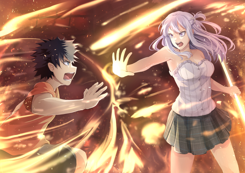 1boy, 1girl, absurdres, aged_down, angry, armpits, bare_shoulders, battle