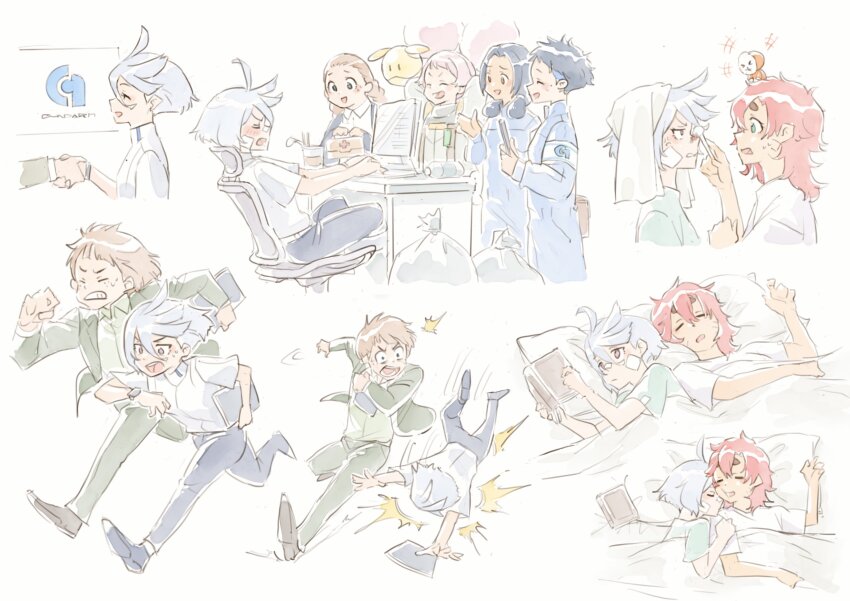 1boy, 6+girls, absurdres, afro_puffs, ahoge, aliya_mahvash, alternate_hair_length, alternate_hairstyle