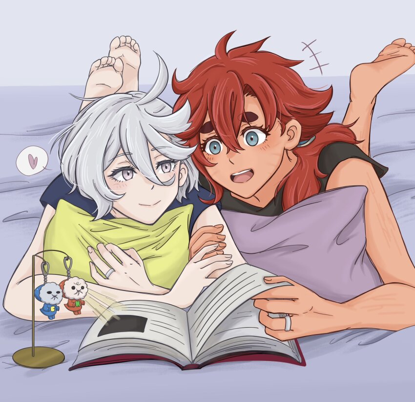 2girls, ahoge, barefoot, bed, blue_eyes, book, cool_(gundam_suisei_no_majo), feet, grey_eyes, gundam, gundam_suisei_no_majo, heart, highres, hots_(gundam_suisei_no_majo), jewelry, charm_(object), long_hair, looking_at_another, miorine_rembran, multiple_girls, open_mouth, otsunami, pillow, reading, red_hair, ring, smile, soles, spoken_heart, suletta_mercury, teeth, thick_eyebrows, toes, upper_teeth_only, wedding_ring, white_hair, wife_and_wife, yuri