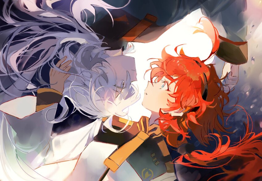 12anchovy, 2girls, ahoge, asticassia_school_uniform, eye_contact, green_eyes, grey_eyes, gundam