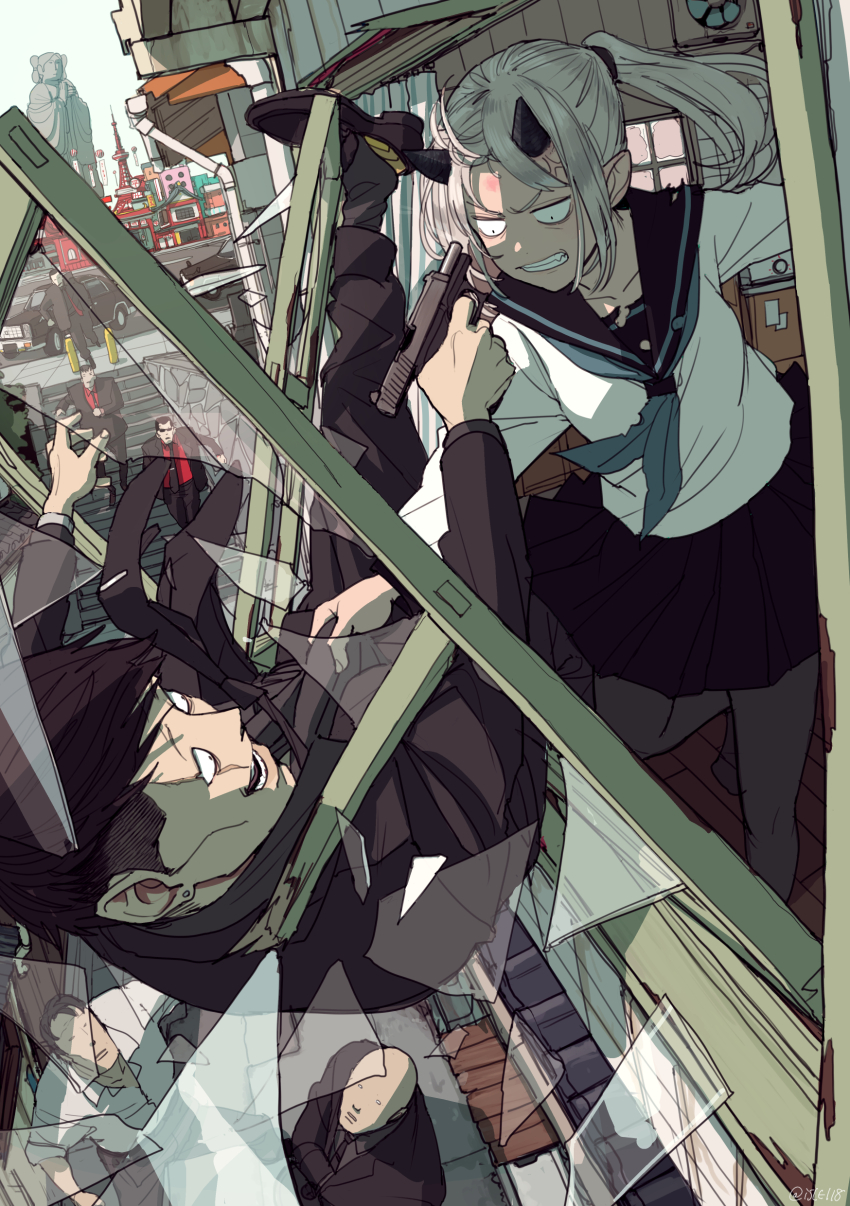 1girl, 6+boys, absurdres, anger_vein, asymmetrical_hair, bald, black_necktie, black_pants, black_skirt, black_socks, black_suit, blazer, blue_neckerchief, blue_sailor_collar, bruise, building, city, clothes_grab, collar_grab, commentary_request, constricted_pupils, crazy_smile, day, dutch_angle, earrings, fang, fighting, floating_hair, formal_clothes, from_outside, glaring, glass_shards, gun, handgun, highres, holding, holding_gun, holding_weapon, horns, injury, isle118, jacket, jewelry, locked_slide, long_hair, looking_at_another, looking_up, mixed-language_commentary, multiple_boys, neckerchief, necktie, neckwear_grab, oni, oni_horns, original, pants, ponytail, romaji_commentary, running, sailor_collar, scar, scar_across_eye, scar_on_face, school_uniform, scowl, serafuku, shirt, shoes, short_hair, sidecut, skirt, smile, socks, statue, stud_earrings, suit, through_window, throwing, throwing_person, tile_roof, tokyo_(city), tokyo_tower, undercut, unworn_shoes, urban_fantasy, v-shaped_eyebrows, weapon, white_hair, white_shirt, wide-eyed, yakuza