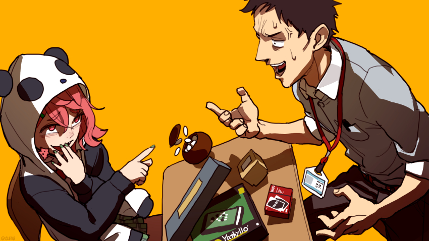 1boy, 1girl, anger_vein, angry, animal_hood, bags_under_eyes, black_hair, black_hoodie