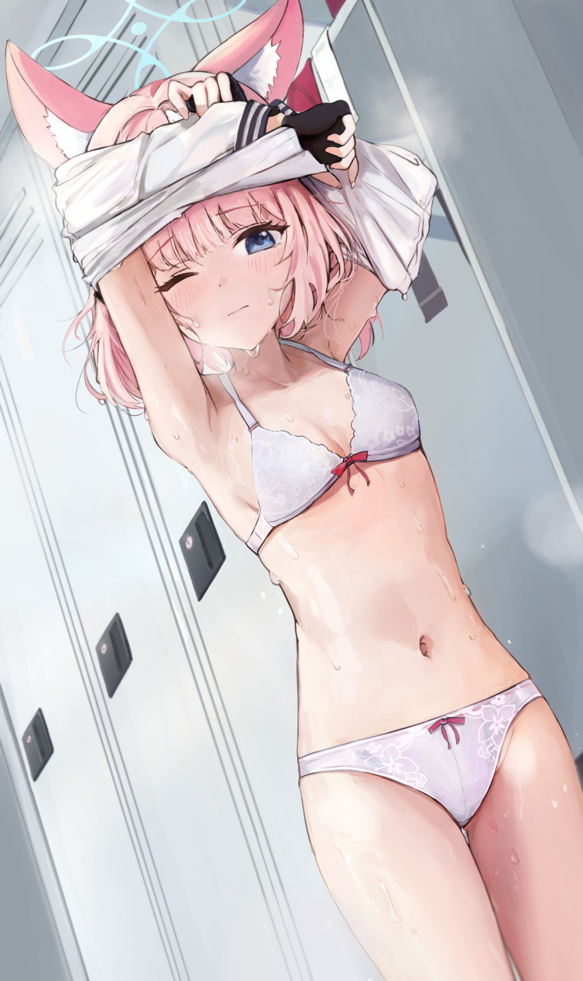 1girl, absurdres, animal_ear_fluff, animal_ears, arms_up, black_gloves, blue_archive, blue_eyes