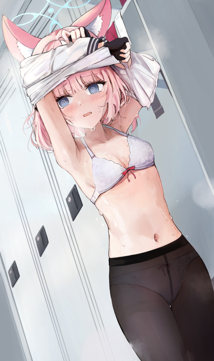 1girl, @_@, absurdres, animal_ear_fluff, animal_ears, arms_up, black_gloves, black_pantyhose