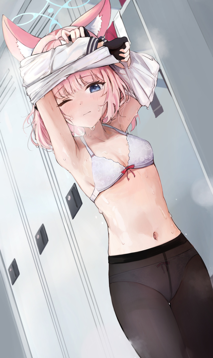 1girl, absurdres, animal_ear_fluff, animal_ears, arms_up, black_gloves, black_pantyhose, blue_archive