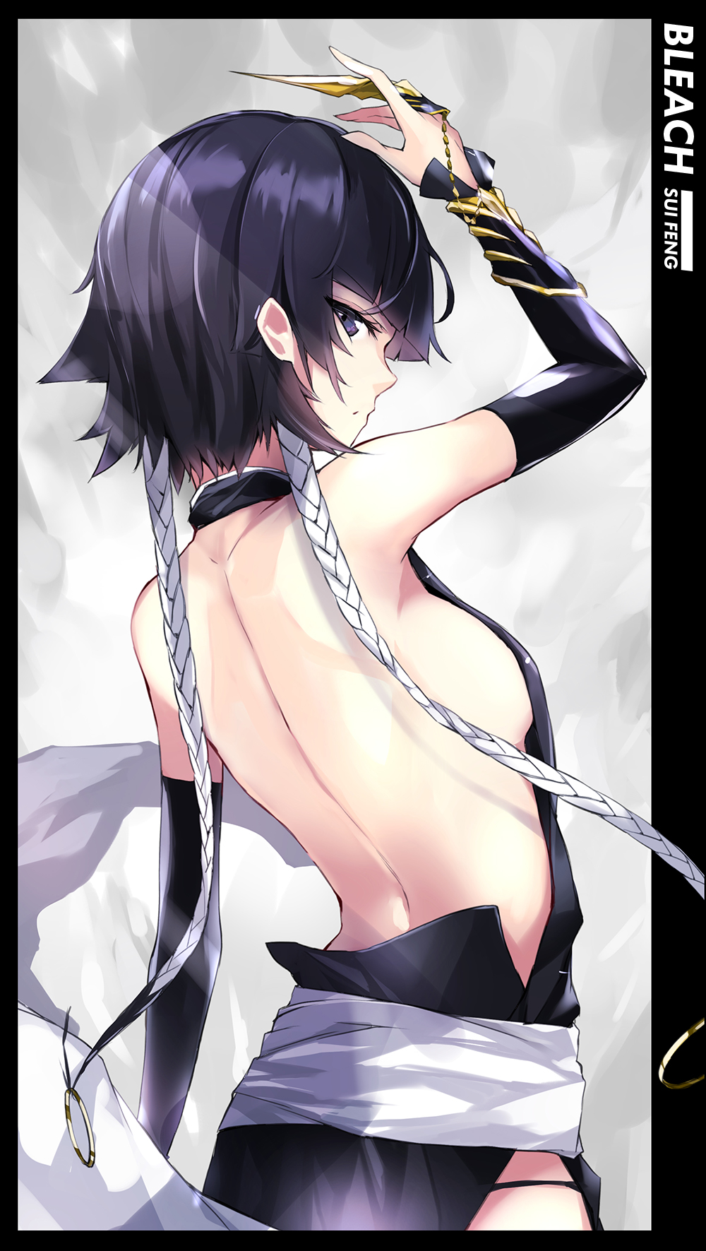 1girl, back, backless_outfit, black_hair, black_kimono, black_outline, bleach, blunt_bangs