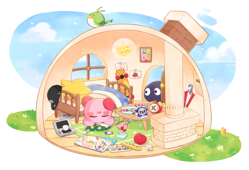 alarm_clock, apple, baseball_cap, bed, black_headwear, blue_sky, blush, boxboy!