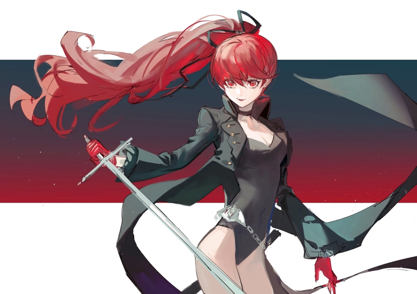 1girl, absurdres, binxngchng1, black_choker, black_jacket, black_leotard, black_ribbon, breasts