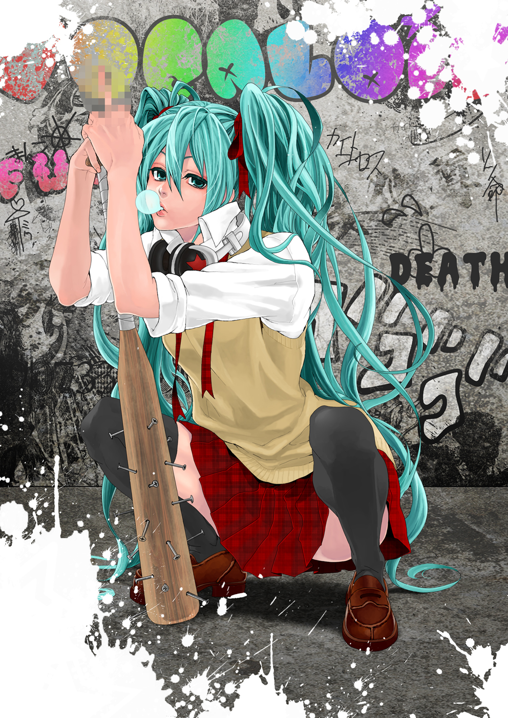 1girl, aqua_eyes, aqua_hair, bad_id, bad_pixiv_id, baseball_bat, blowing_bubble_gum, blowing_bubbles, censored, chewing_gum, female_focus, full_body, graffiti, hachiohji-yoichi, hair_ribbon, hatsune_miku, headphones, highres, kutabare_pta_(vocaloid), long_hair, middle_finger, mosaic_censoring, nail_(hardware), nail_bat, ribbon, school_uniform, skirt, sleeves_rolled_up, solo, squatting, sweater, thighhighs, twintails, very_long_hair, vocaloid, weapon