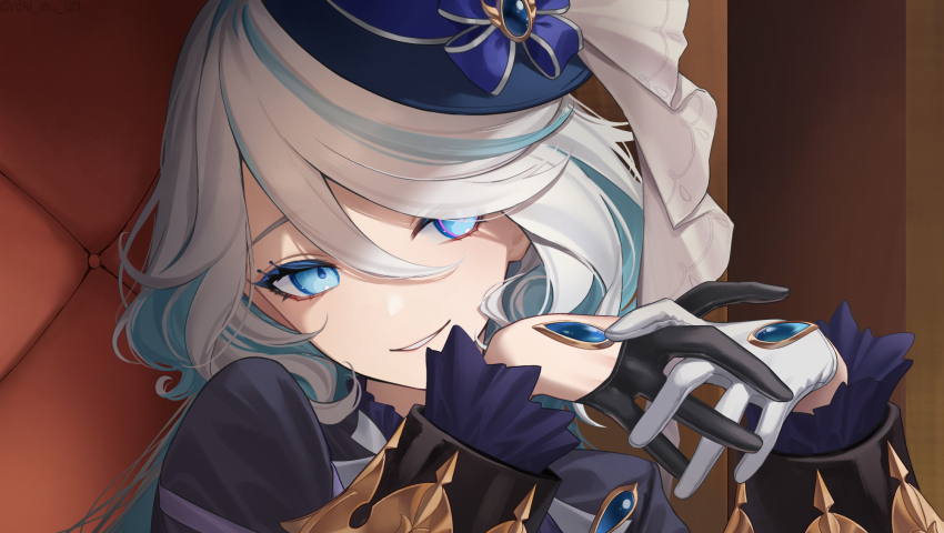 1girl, asymmetrical_gloves, black_gloves, blue_eyes, blue_headwear, blue_jacket, commentary_request, furina_(genshin_impact)